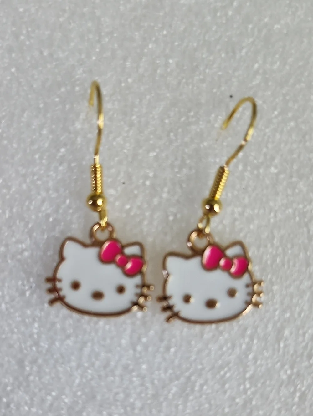 Hand Crafted White Cat Earrings with Pink Bows - Cute Enamel Dangles